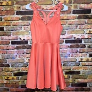Coral Casual Skater Dress Lace Back Fun Flirty Basic Simple Short Cocktail Cute